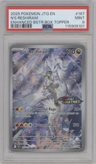 N's Reshiram from the 2025 Pokemon SV set featuring a Enhanced Booster Box parallel graded by PSA and given an overall grade of 9.