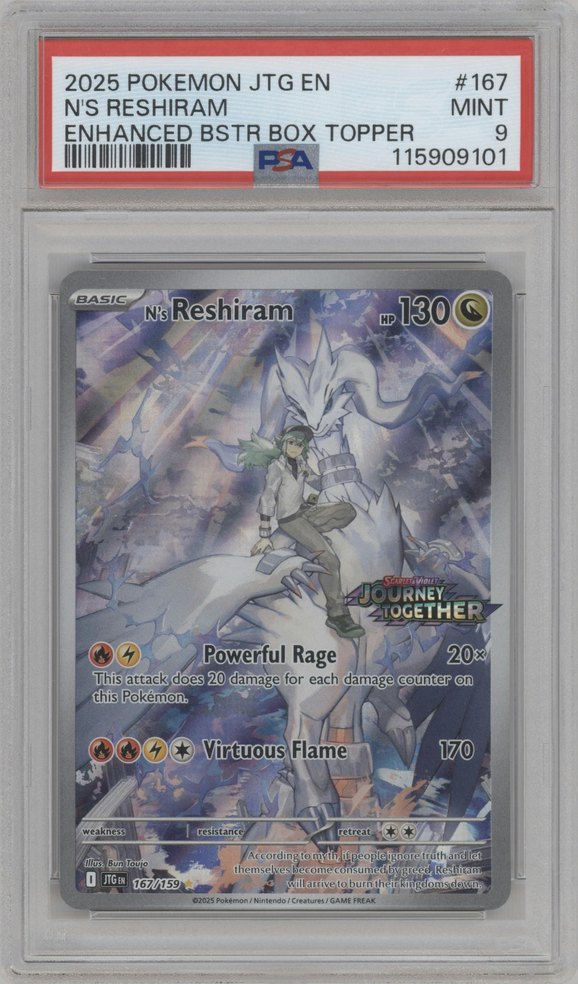 N's Reshiram from the 2025 Pokemon SV set featuring a Enhanced Booster Box parallel graded by PSA and given an overall grade of 9.