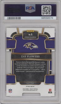 Zay Flowers from the 2023 Panini Select set featuring a Die-Cut Red & Blue parallel graded by PSA and given an overall grade of 10.