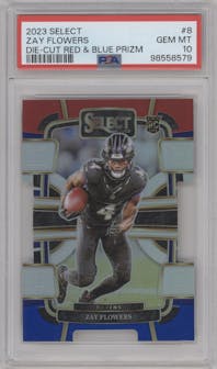 Zay Flowers from the 2023 Panini Select set featuring a Die-Cut Red & Blue parallel graded by PSA and given an overall grade of 10.