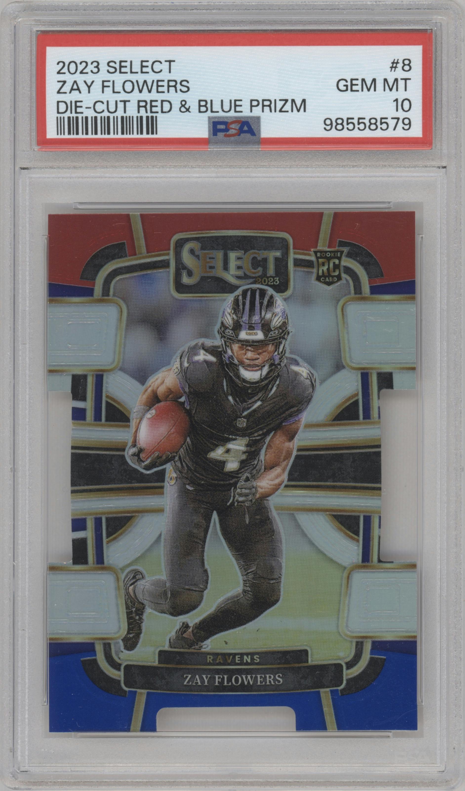 Zay Flowers from the 2023 Panini Select set featuring a Die-Cut Red & Blue parallel graded by PSA and given an overall grade of 10.