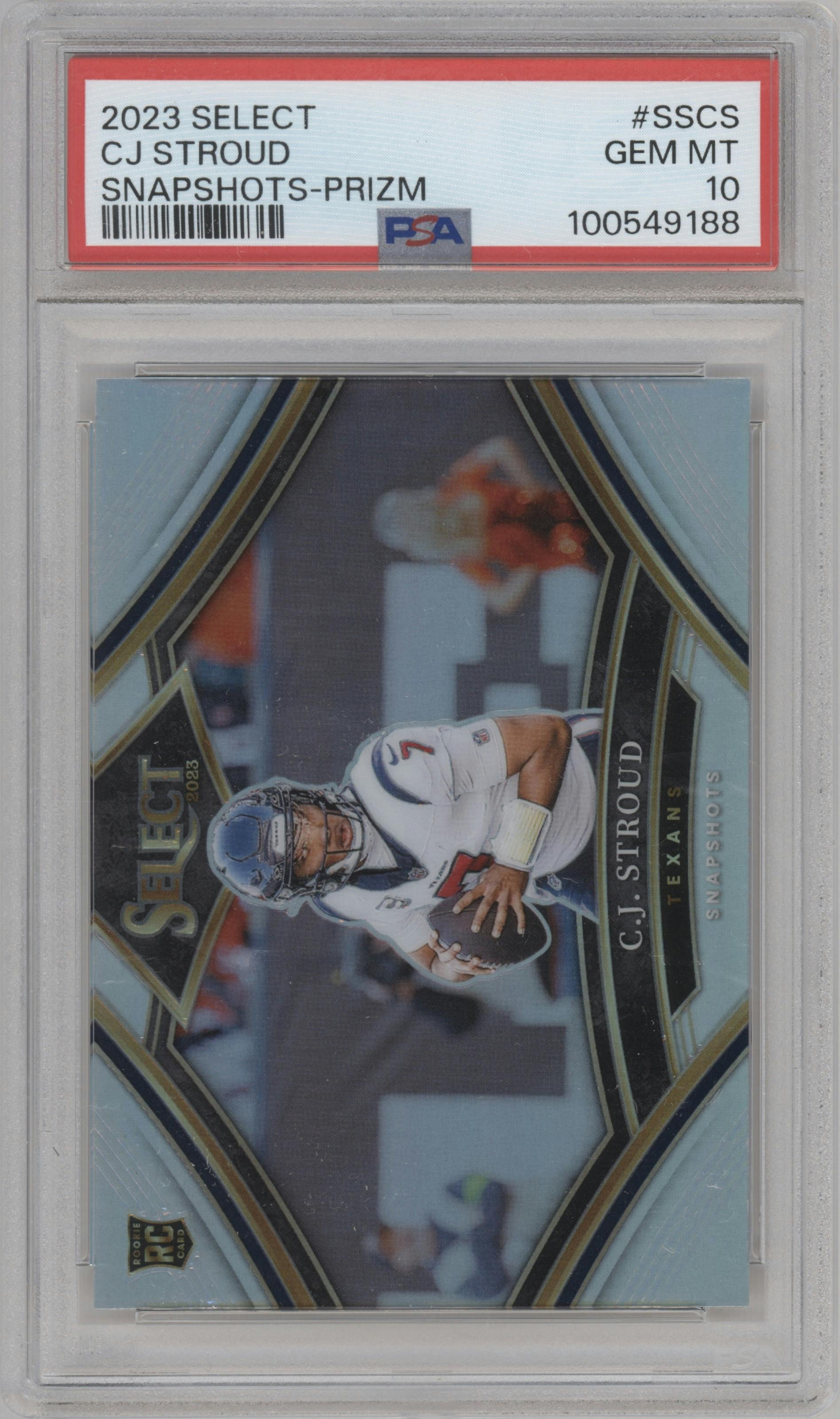 C.J. Stroud from the 2023 Panini Select set featuring a Prizm parallel graded by PSA and given an overall grade of 10.
