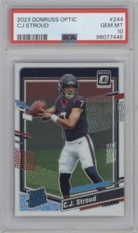 C.J. Stroud from the 2023 Donruss Optic set graded by PSA and given an overall grade of 10.