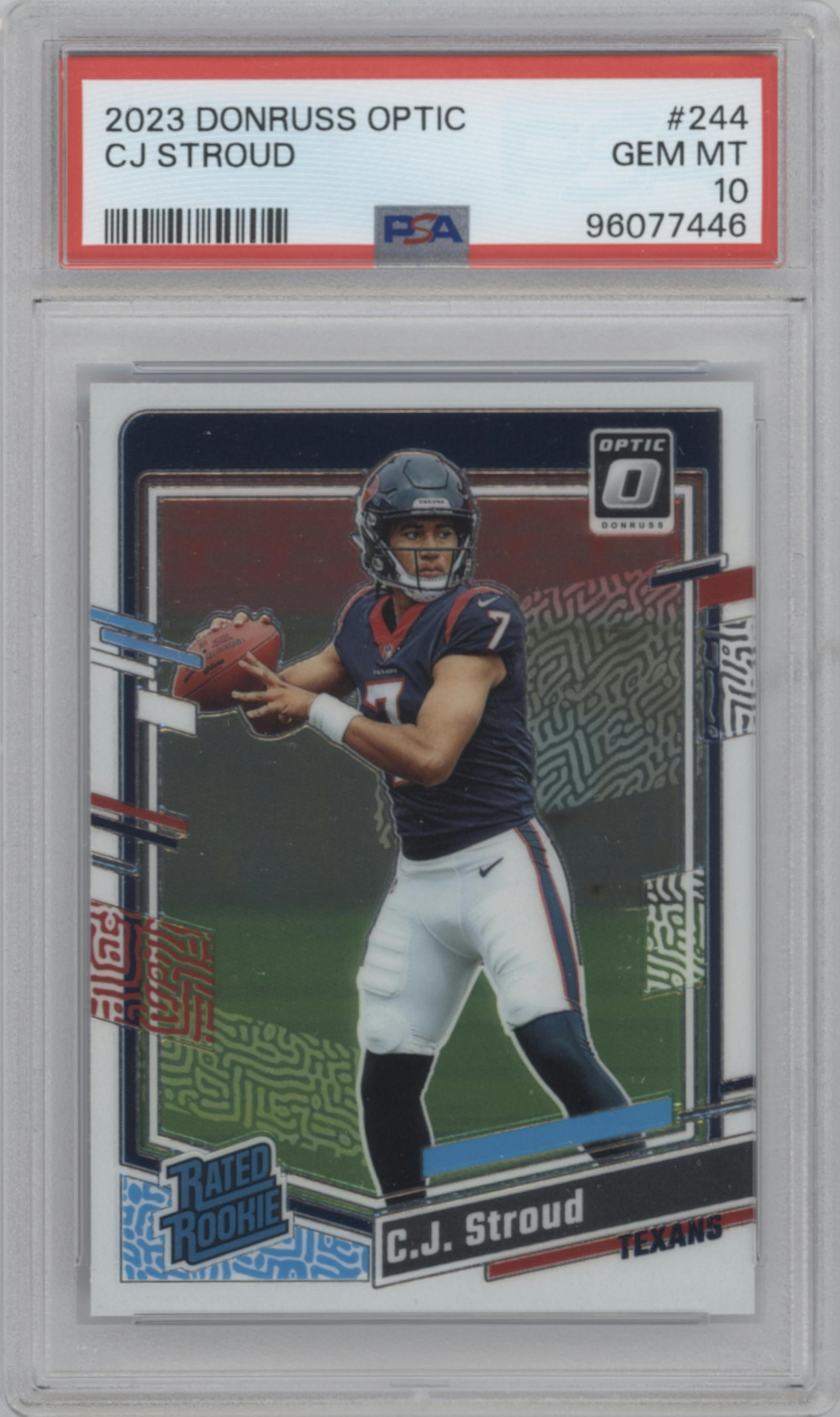 C.J. Stroud from the 2023 Donruss Optic set graded by PSA and given an overall grade of 10.