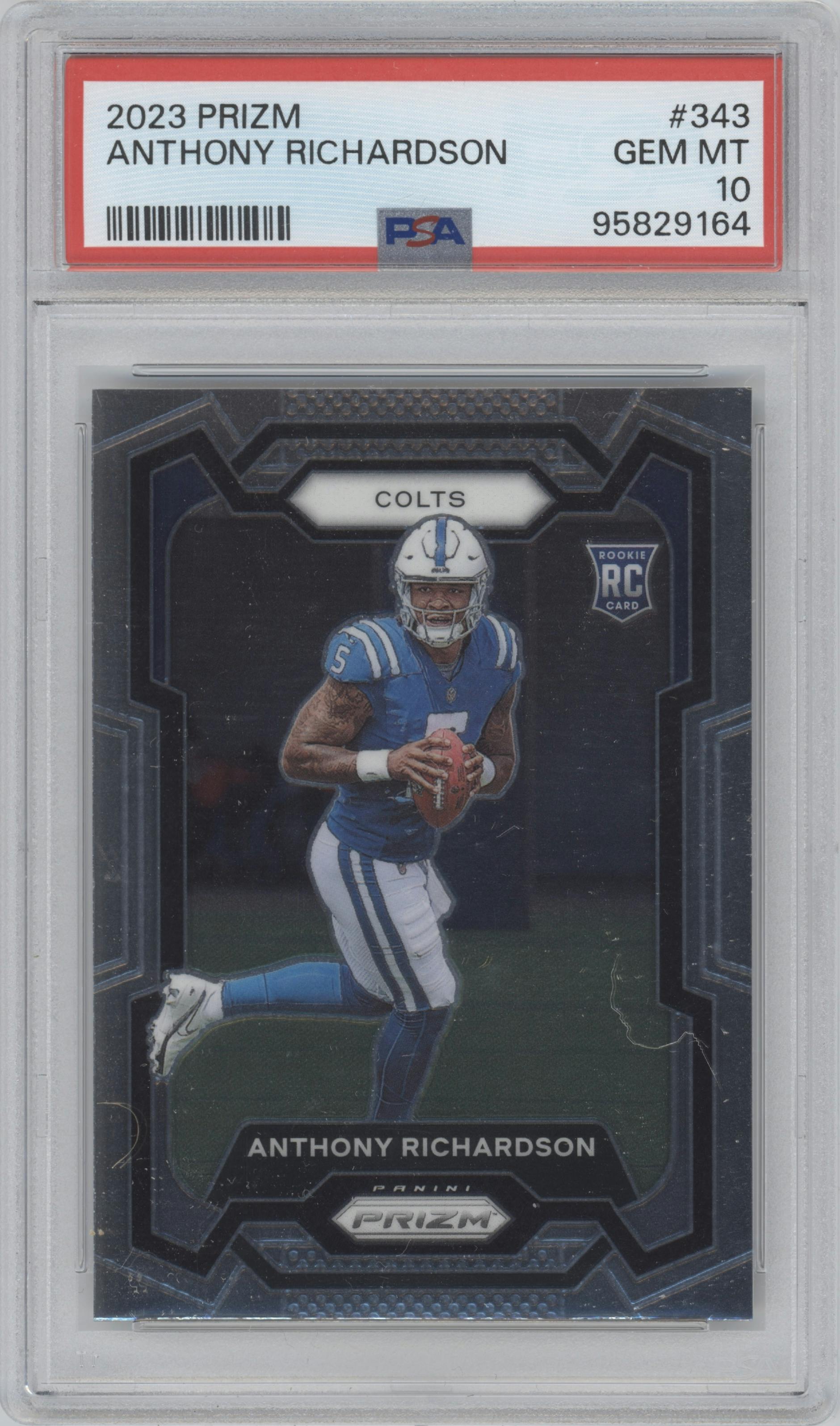 Anthony Richardson from the 2023 Panini Prizm set graded by PSA and given an overall grade of 10.
