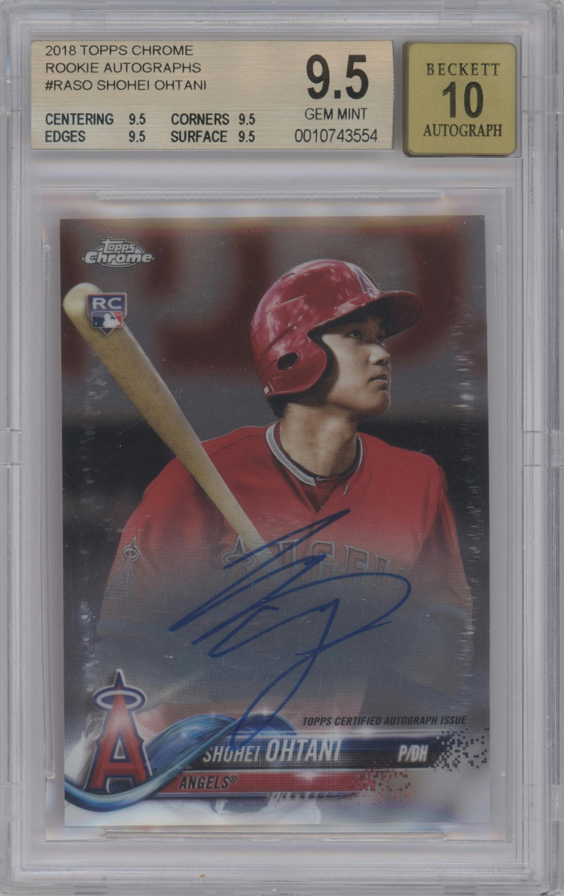 Shohei Ohtani from the 2018 Topps Chrome set graded by Beckett and given an overall grade of 9.5.