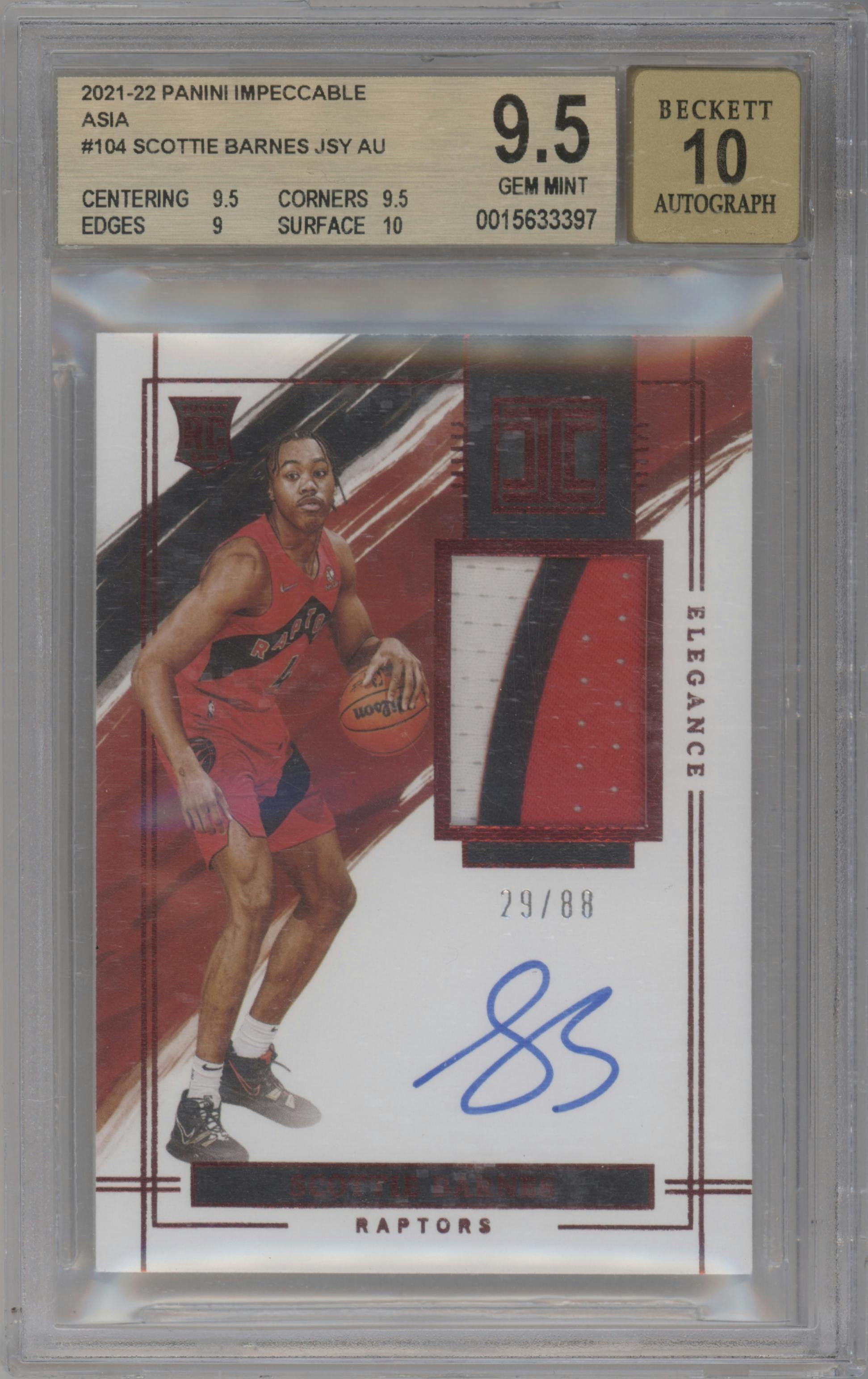 Scottie Barnes from the 2021-22 Panini Impeccable  set featuring a Asia parallel graded by Beckett and given an overall grade of 9.5.