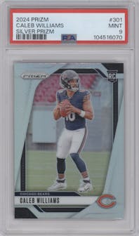 Caleb Williams from the 2024 Panini Prizm set featuring a Silver Prizm parallel graded by PSA and given an overall grade of 9.