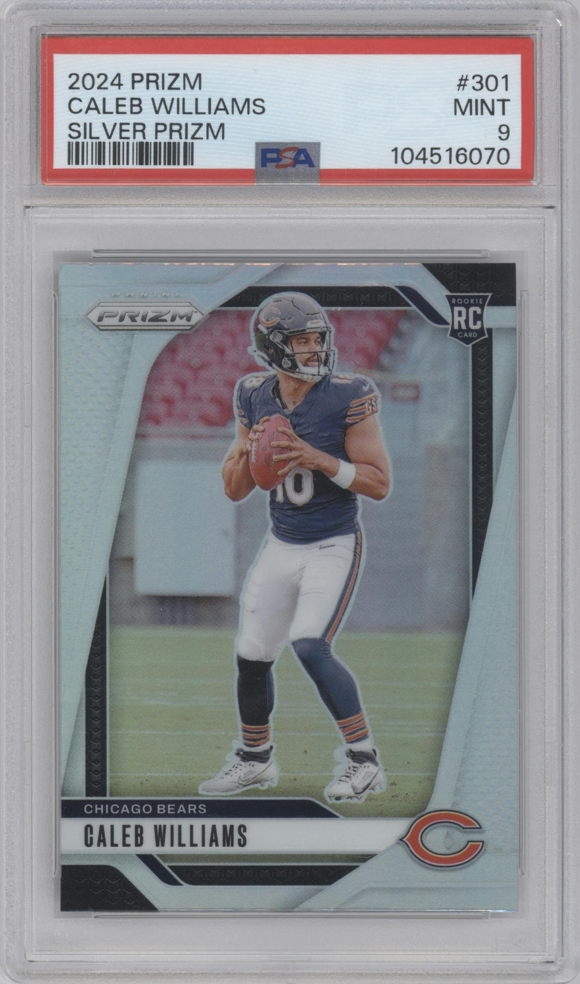 Caleb Williams from the 2024 Panini Prizm set featuring a Silver Prizm parallel graded by PSA and given an overall grade of 9.