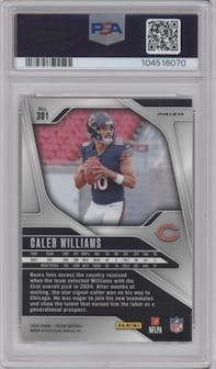 Caleb Williams from the 2024 Panini Prizm set featuring a Silver Prizm parallel graded by PSA and given an overall grade of 9.