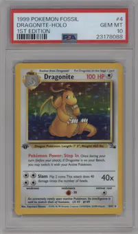 Dragonite from the 1999 Pokemon set graded by PSA and given an overall grade of 10.