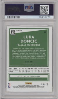 Luka Doncic from the 2020-21 Panini Donruss Optic set featuring a Fast Break Gold parallel graded by PSA and given an overall grade of 10.