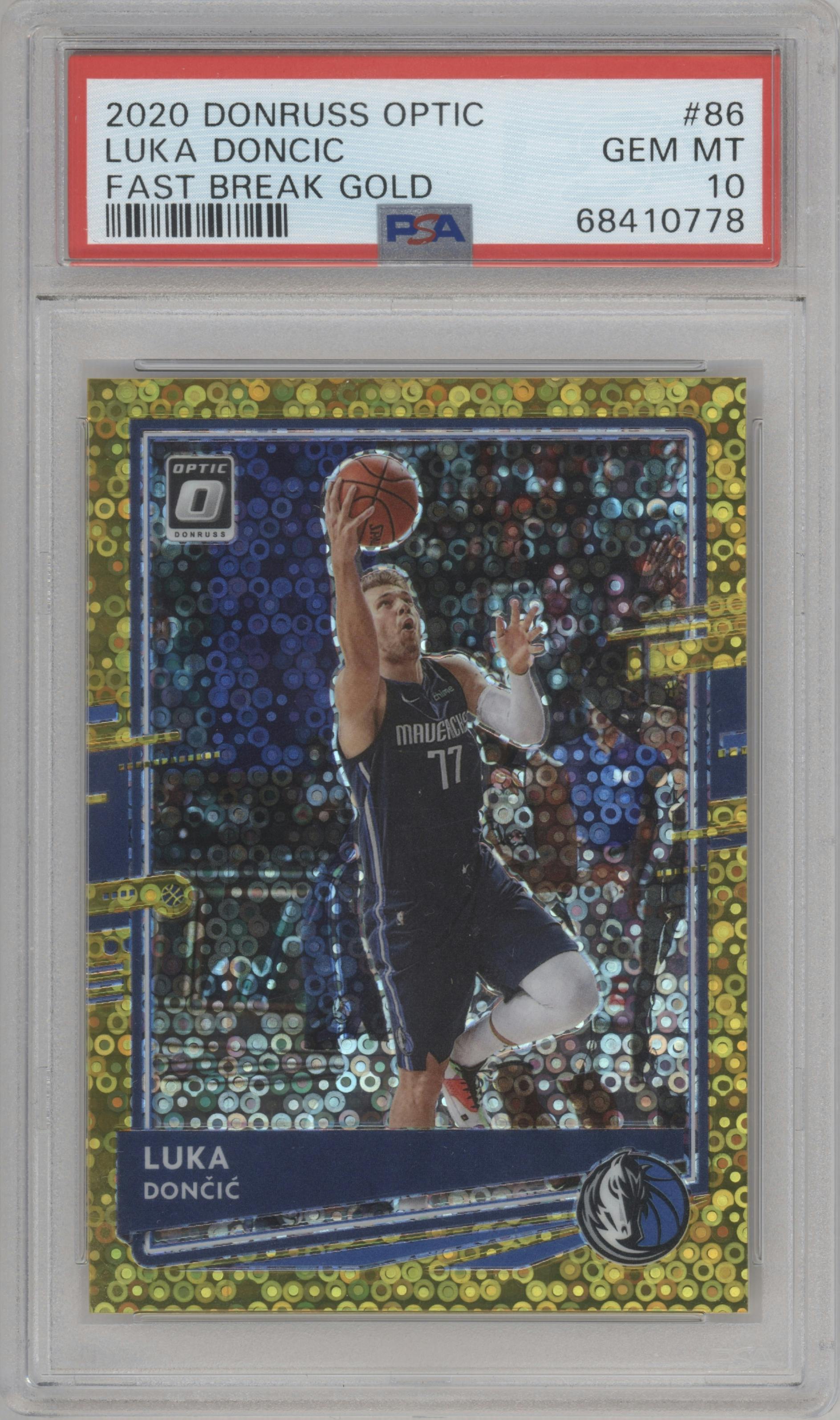 Luka Doncic from the 2020-21 Panini Donruss Optic set featuring a Fast Break Gold parallel graded by PSA and given an overall grade of 10.