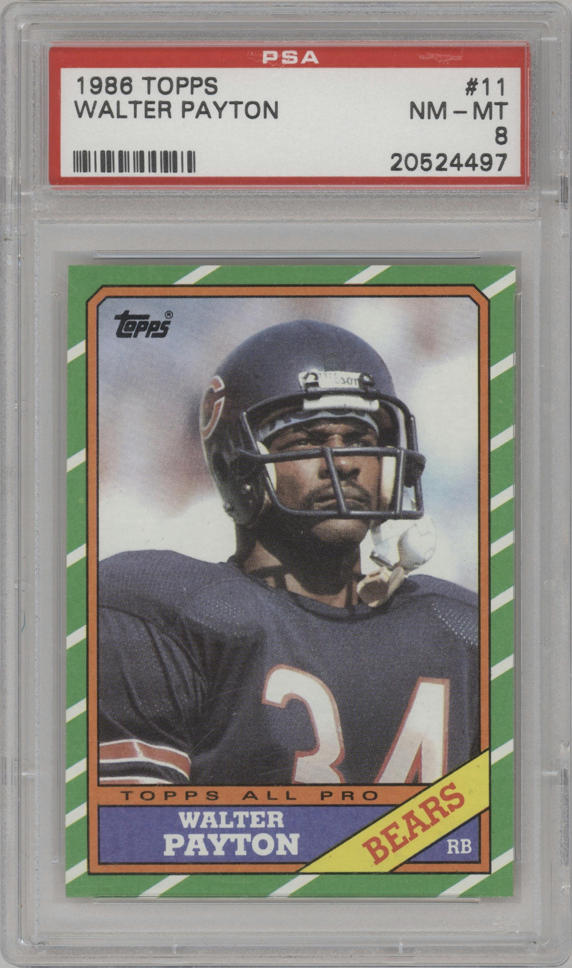 Walter Payton from the 1986 Topps set graded by PSA and given an overall grade of 8.