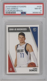Luka Doncic from the 2018-19 Panini Stickers set graded by PSA and given an overall grade of 8.