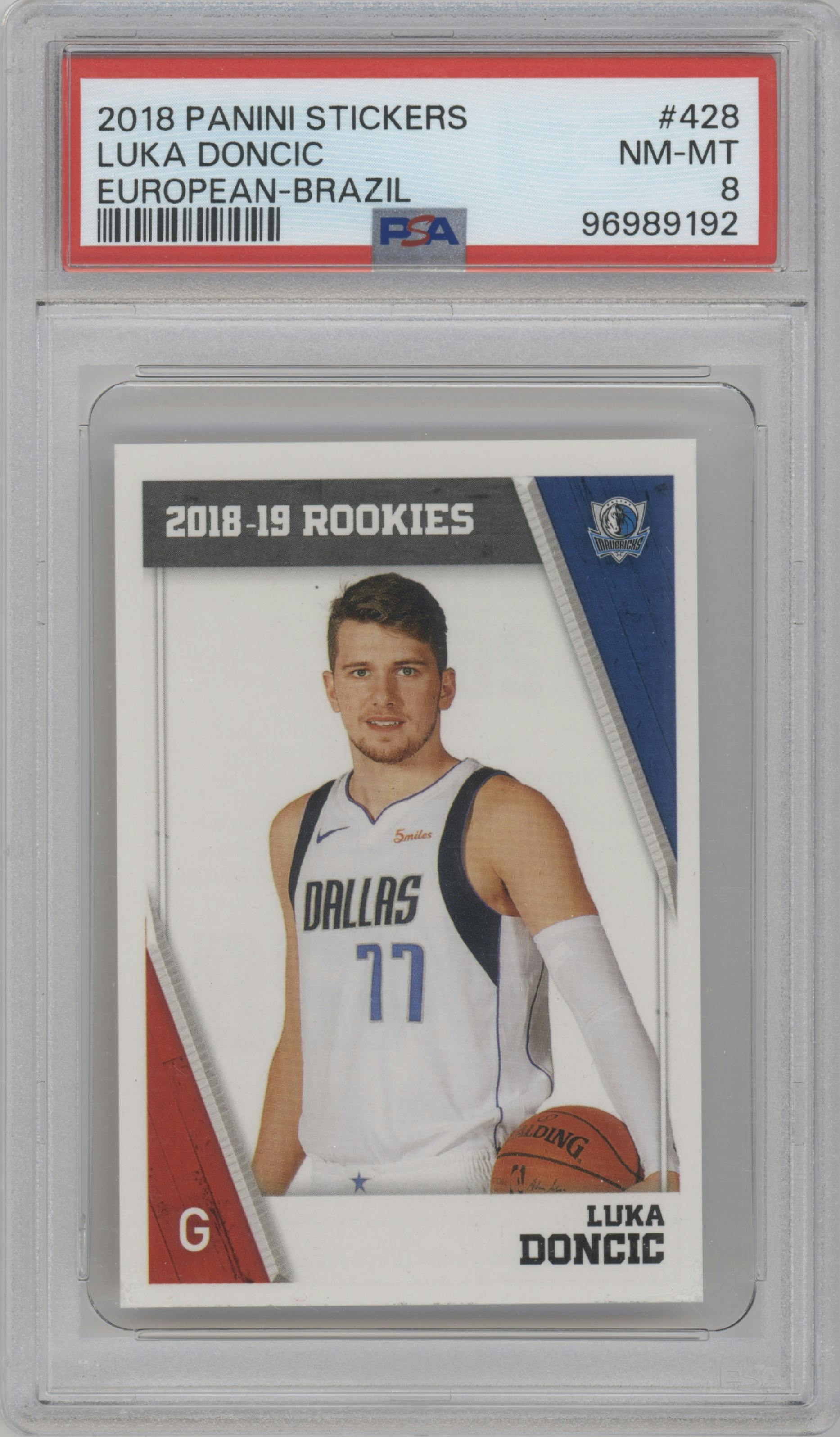 Luka Doncic from the 2018-19 Panini Stickers set graded by PSA and given an overall grade of 8.