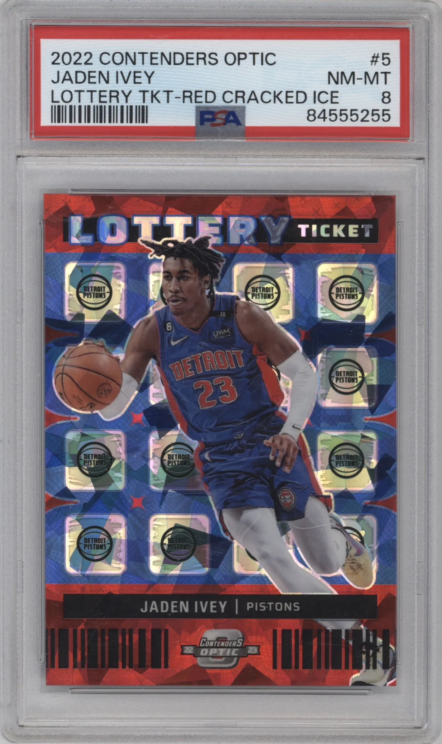 2022 Panini Contenders Optic Lottery Ticket Jaden Ivey Red Cracked Ice #5 PSA 8