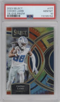 CeeDee Lamb from the 2023 Panini Select set featuring a Tie-Dye parallel graded by PSA and given an overall grade of 10.