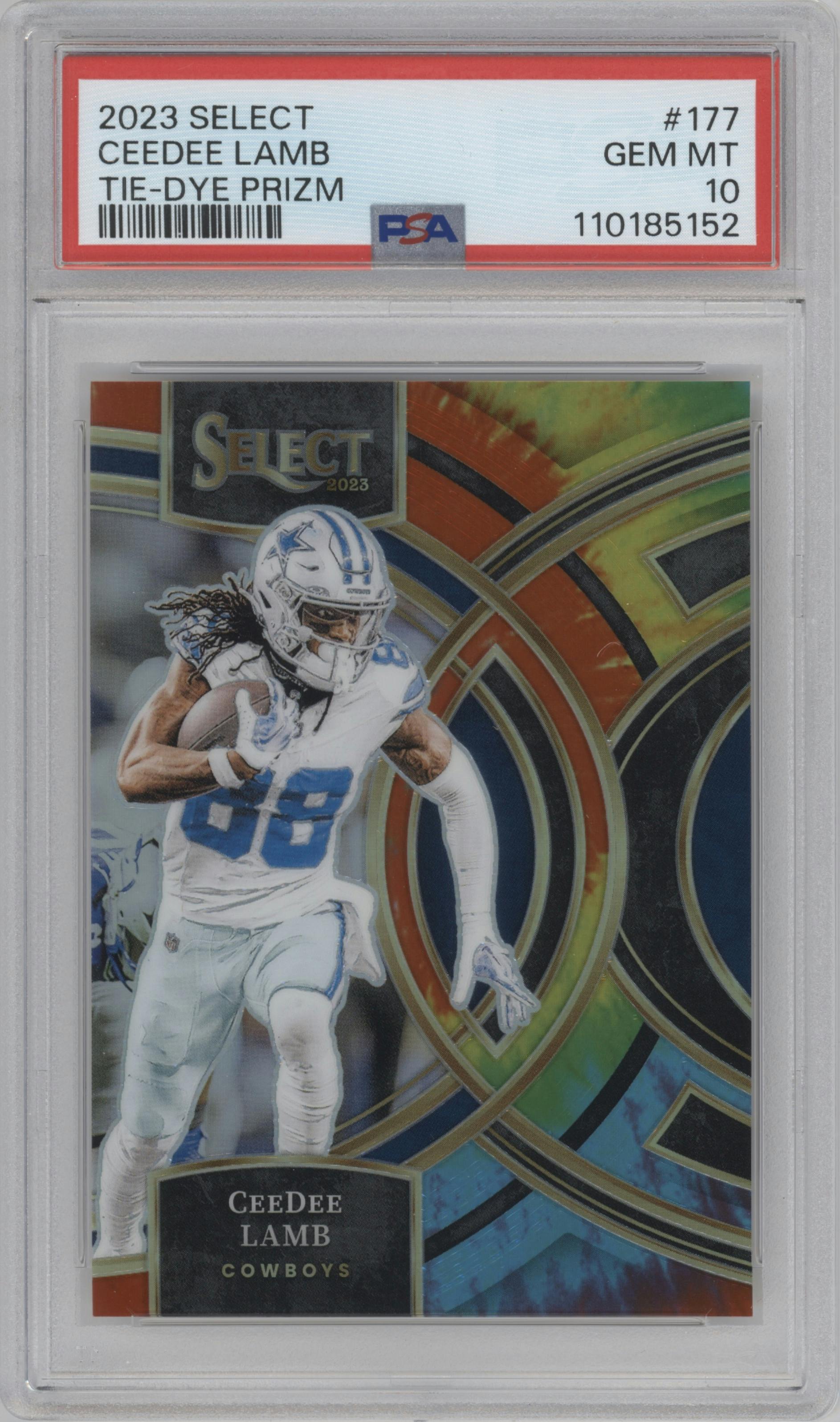 CeeDee Lamb from the 2023 Panini Select set featuring a Tie-Dye parallel graded by PSA and given an overall grade of 10.