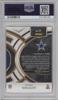 CeeDee Lamb from the 2023 Panini Select set featuring a Tie-Dye parallel graded by PSA and given an overall grade of 10.