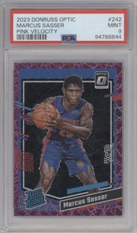 Marcus Sasser from the 2023-24 Donruss Optic set featuring a Pink Velocity parallel graded by PSA and given an overall grade of 9.
