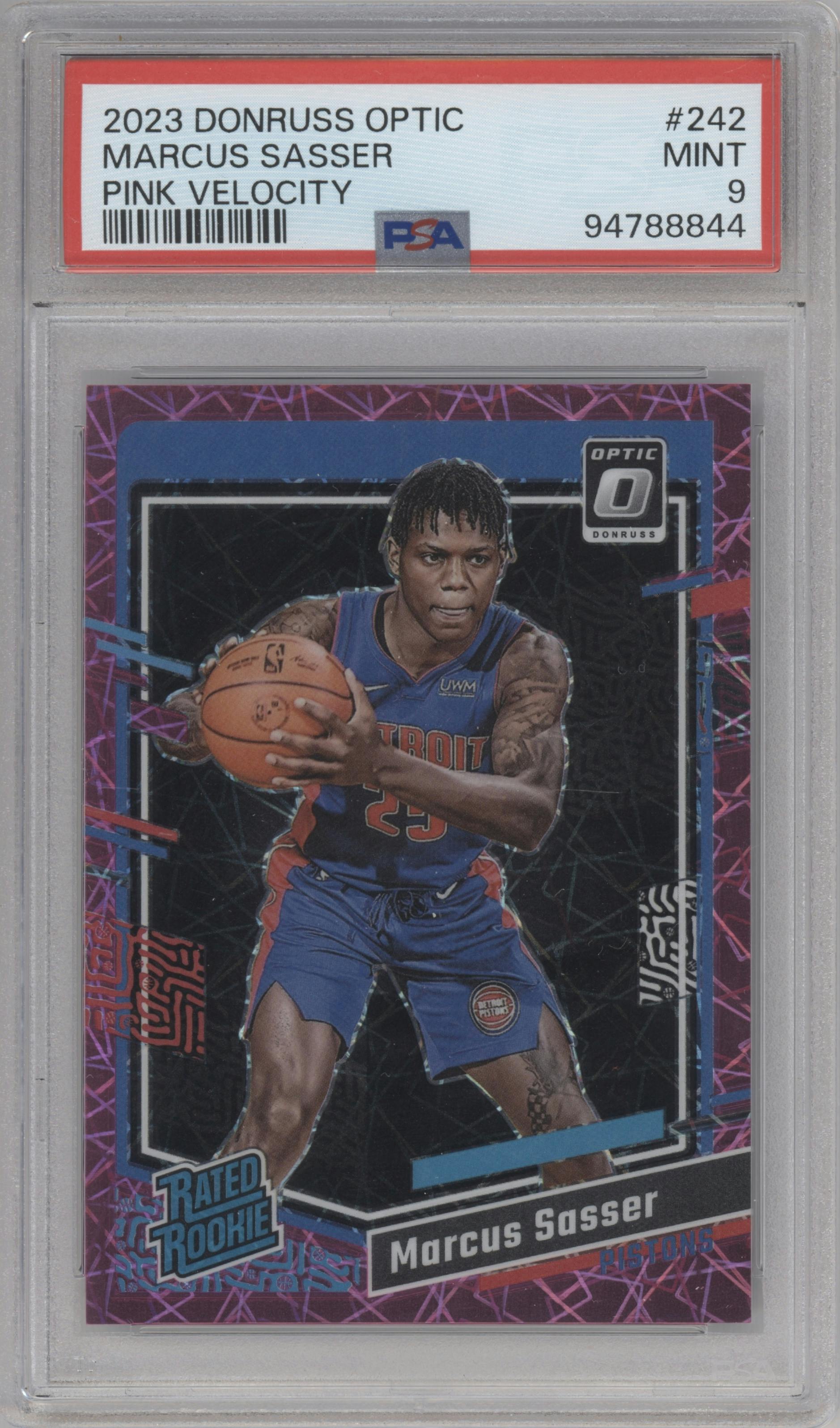 Marcus Sasser from the 2023-24 Donruss Optic set featuring a Pink Velocity parallel graded by PSA and given an overall grade of 9.