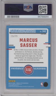 Marcus Sasser from the 2023-24 Donruss Optic set featuring a Pink Velocity parallel graded by PSA and given an overall grade of 9.