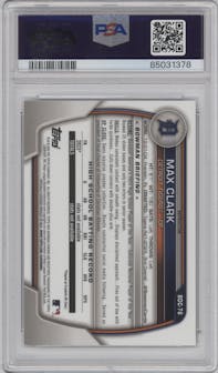 Max Clark from the 2023 Bowman Draft set featuring a Refractor parallel graded by PSA and given an overall grade of 9.
