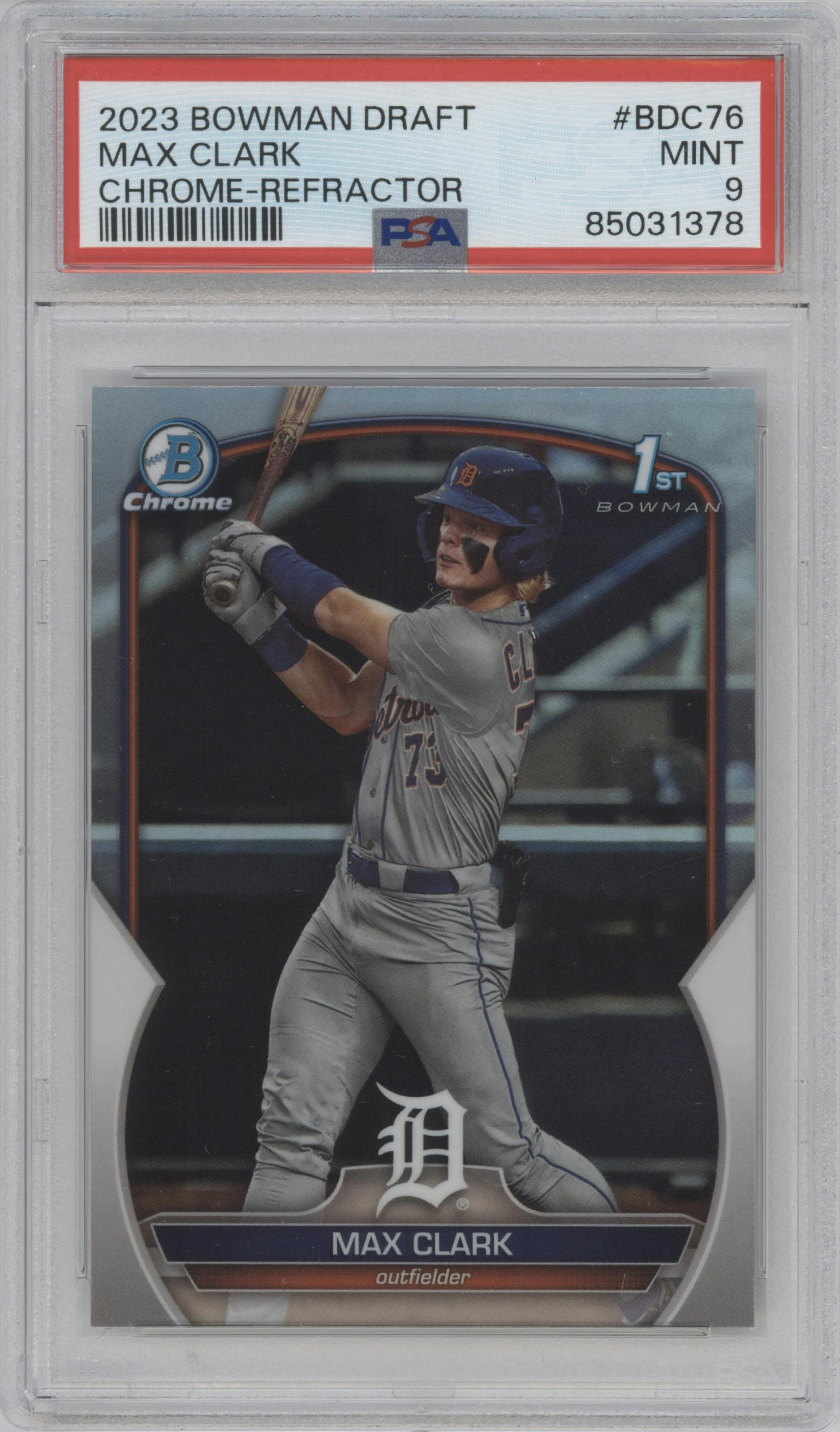 Max Clark from the 2023 Bowman Draft set featuring a Refractor parallel graded by PSA and given an overall grade of 9.