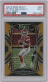 Patrick Mahomes II from the 2020 Panini Select set featuring a Gold Prizm parallel graded by PSA and given an overall grade of 9.
