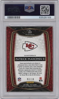 Patrick Mahomes II from the 2020 Panini Select set featuring a Gold Prizm parallel graded by PSA and given an overall grade of 9.