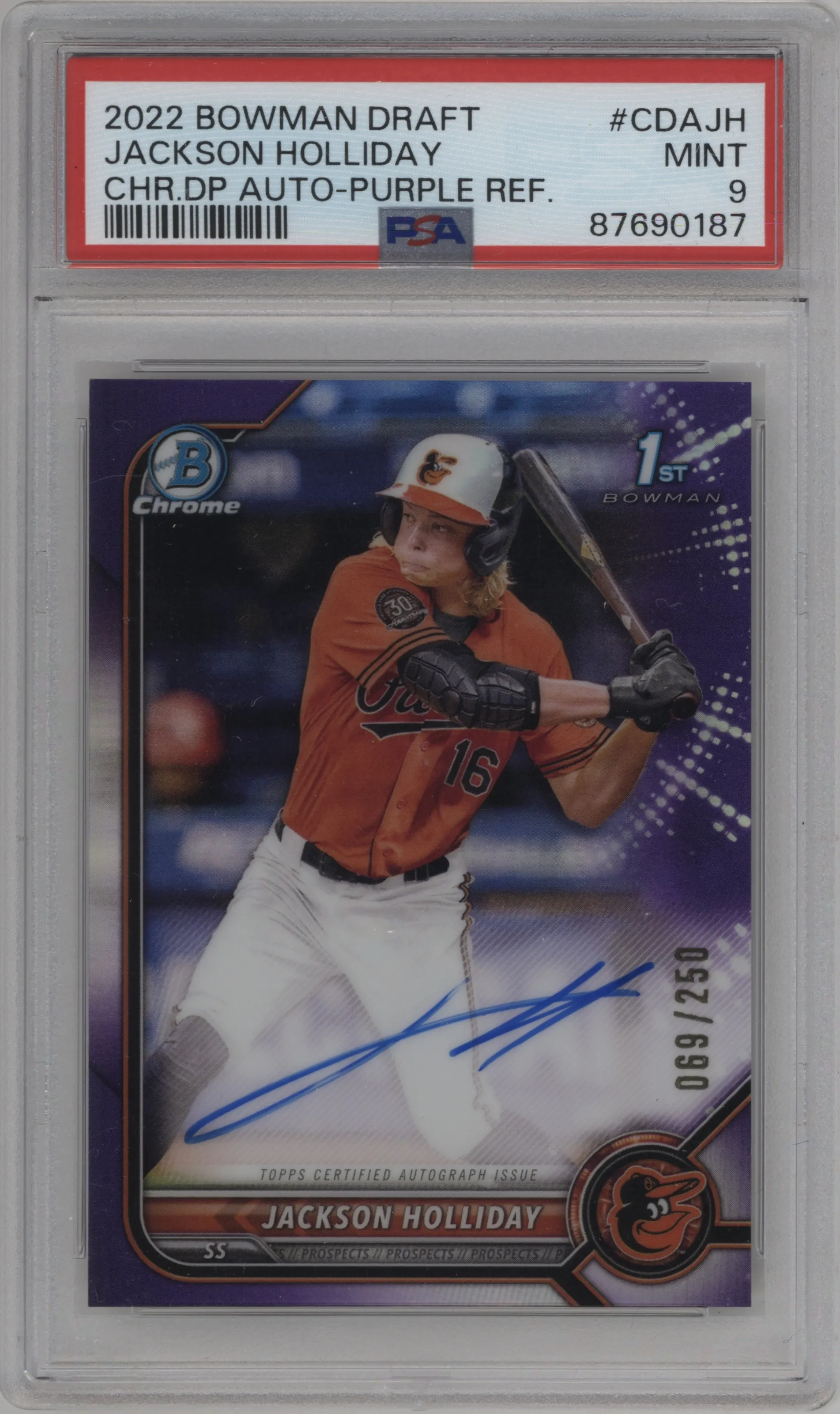 2022 Bowman Draft Chr.DP Auto Jackson Holliday Purple Refractor PSA 9