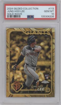 Jung Hoo Lee from the 2024 Topps Gilded Collection set featuring a Gold Wave Refractor parallel graded by PSA and given an overall grade of 10.