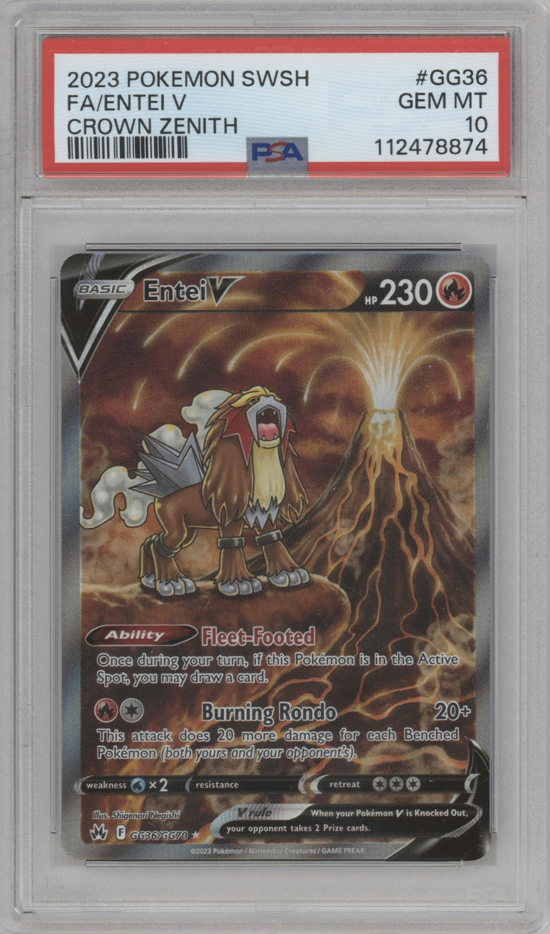 Entei V from the 2023 Pokemon SWSH set graded by PSA and given an overall grade of 10.