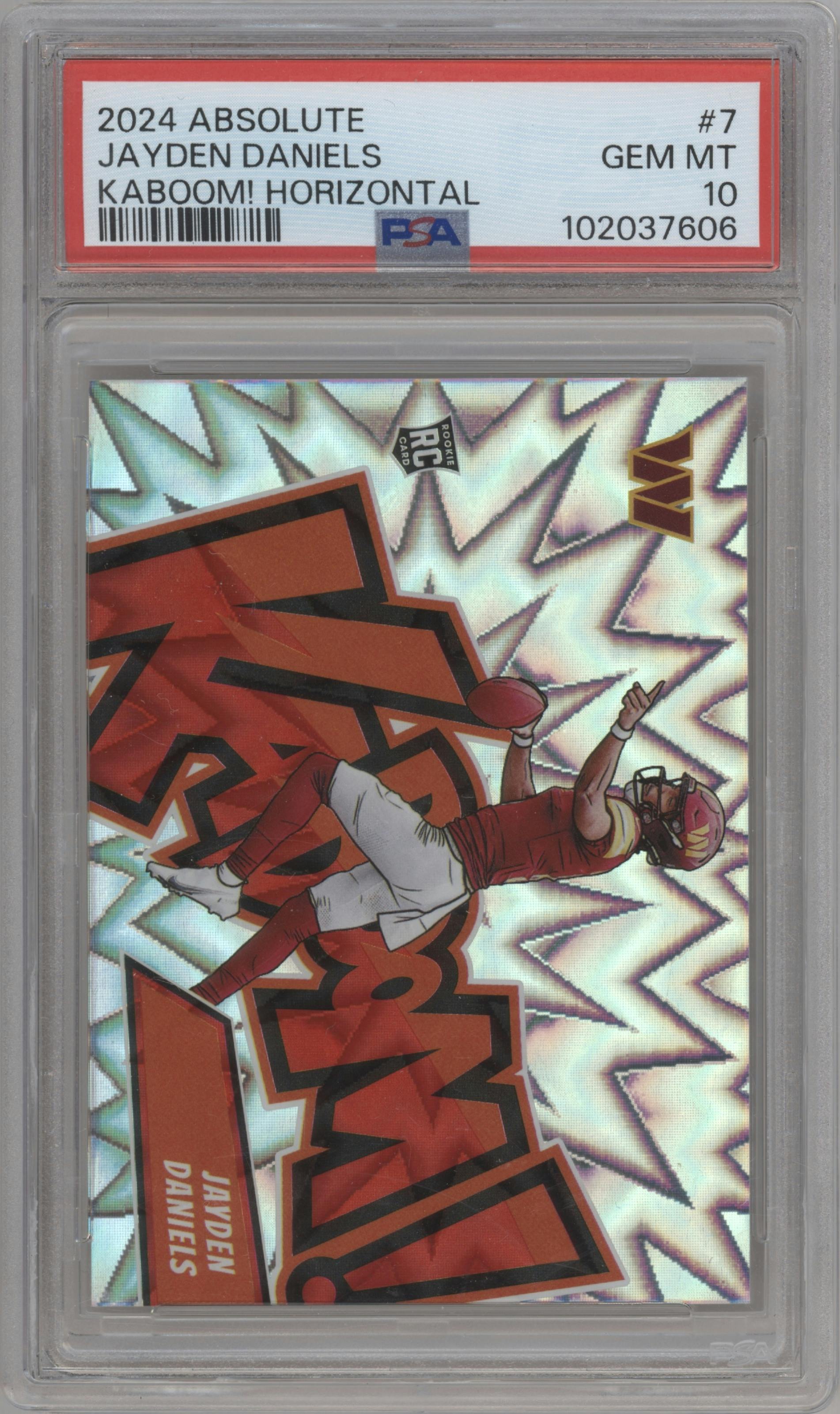 Jayden Daniels from the 2024 Panini Absolute set graded by PSA and given an overall grade of 10.