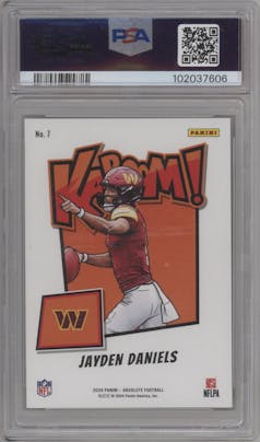 Jayden Daniels from the 2024 Panini Absolute set graded by PSA and given an overall grade of 10.