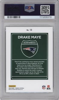 Drake Maye from the 2024 Donruss set graded by PSA and given an overall grade of 10.
