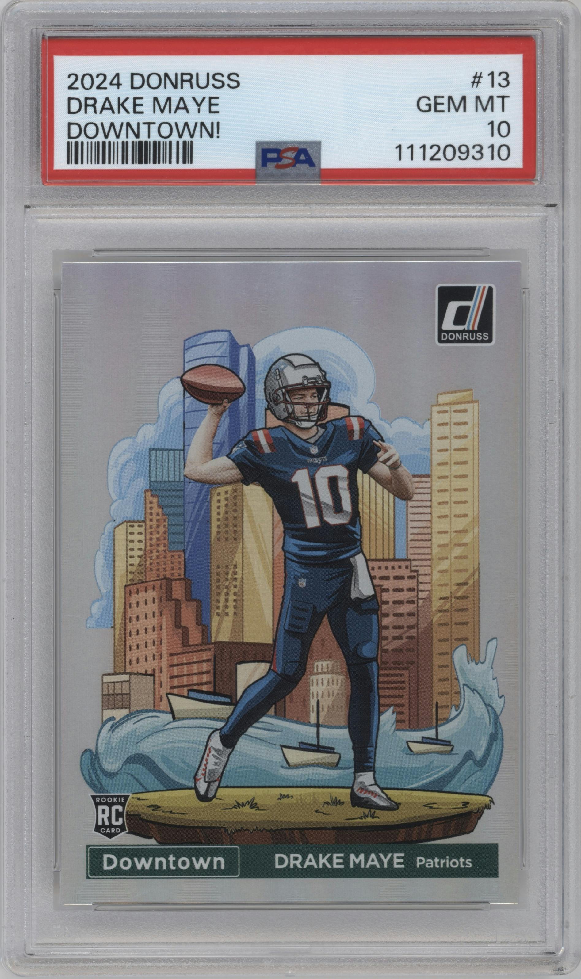 Drake Maye from the 2024 Donruss set graded by PSA and given an overall grade of 10.