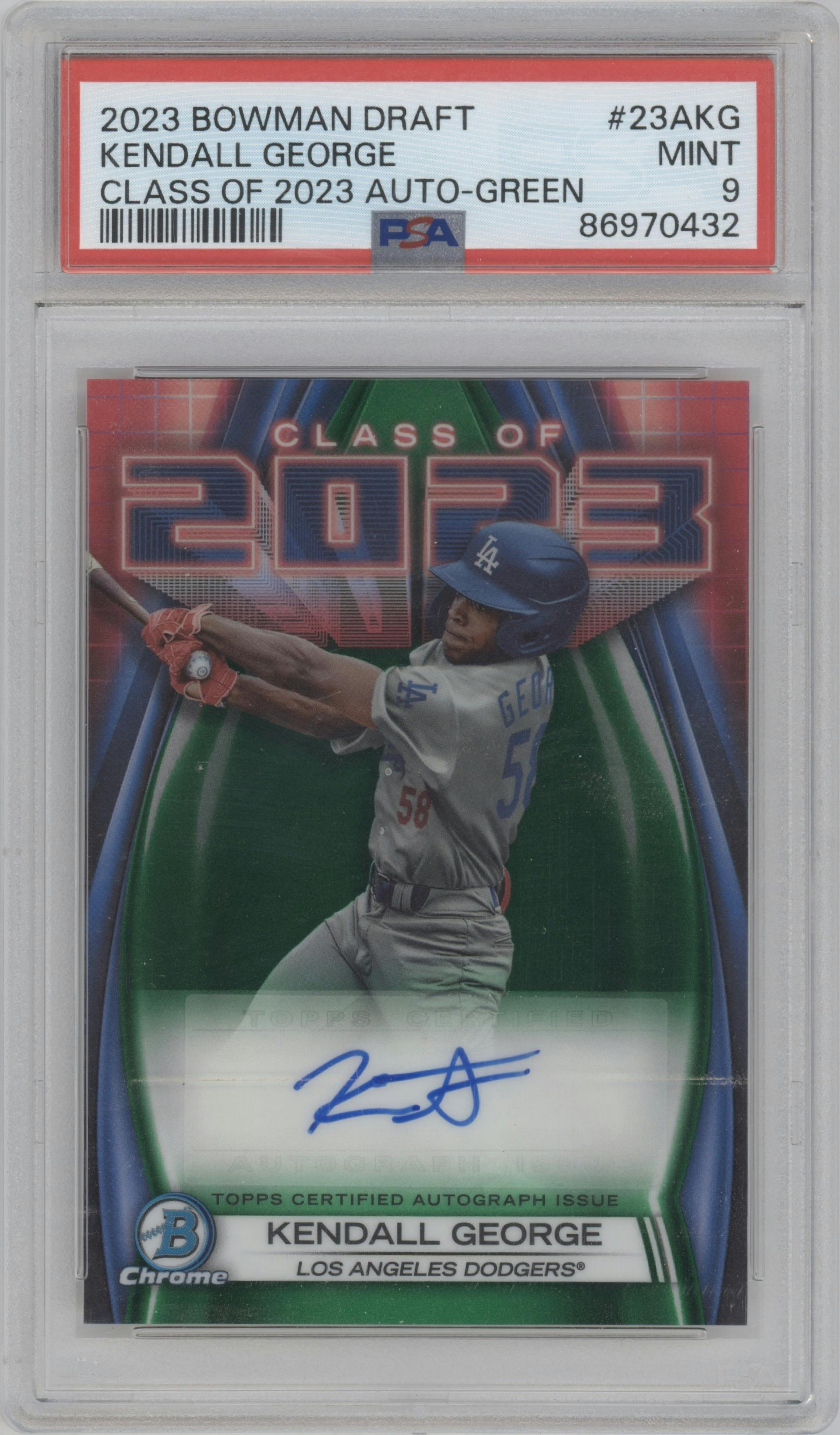 Kendall George from the 2023 Bowman Draft set featuring a Green Refractor parallel graded by PSA and given an overall grade of 9.