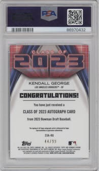 Kendall George from the 2023 Bowman Draft set featuring a Green Refractor parallel graded by PSA and given an overall grade of 9.