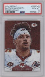 Patrick Mahomes II from the 2024 Panini Mosaic set graded by PSA and given an overall grade of 10.
