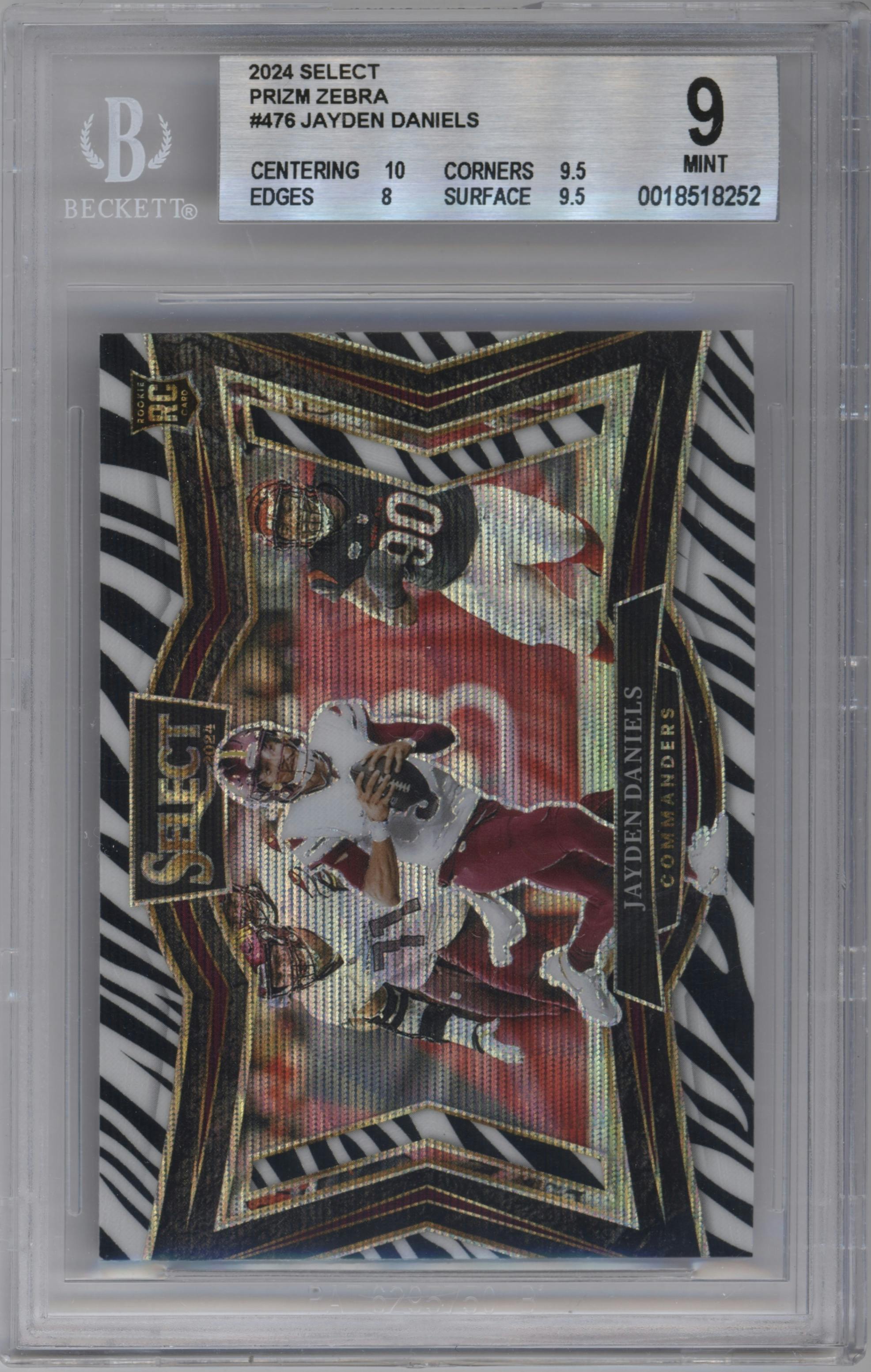 Jayden Daniels from the 2024 Panini Select set featuring a Zebra Prizm parallel graded by Beckett and given an overall grade of 9.
