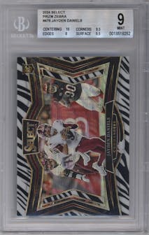 Jayden Daniels from the 2024 Panini Select set featuring a Zebra Prizm parallel graded by Beckett and given an overall grade of 9.