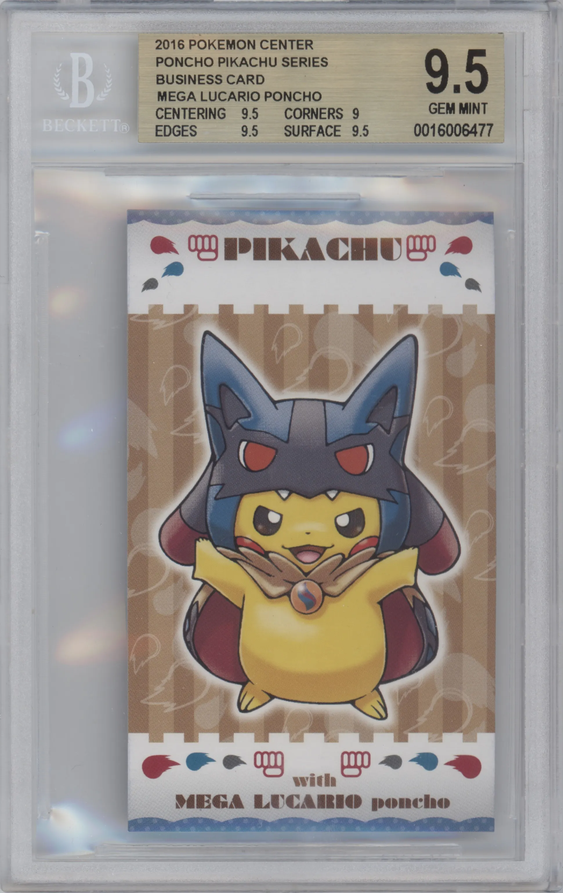 Poncho-Wearing Pikachu from the 2016 Pokemon XY JPN set featuring a Mega Campaign Business Card-Lucario  parallel graded by Beckett and given an overall grade of 9.5.