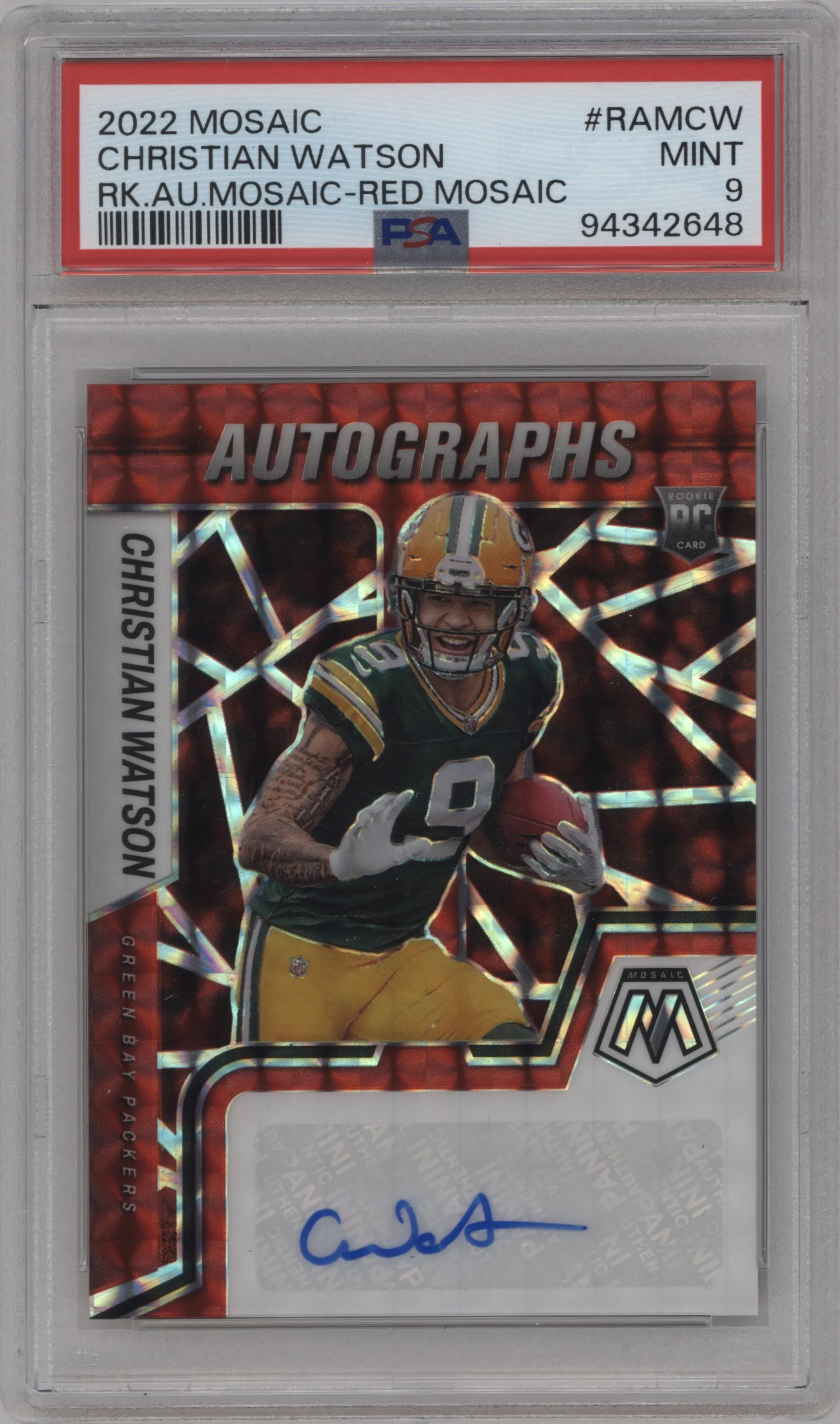 2022 Panini Mosaic Rke.Auto Christian Watson Red Mosaic #RAM-CW PSA 9
