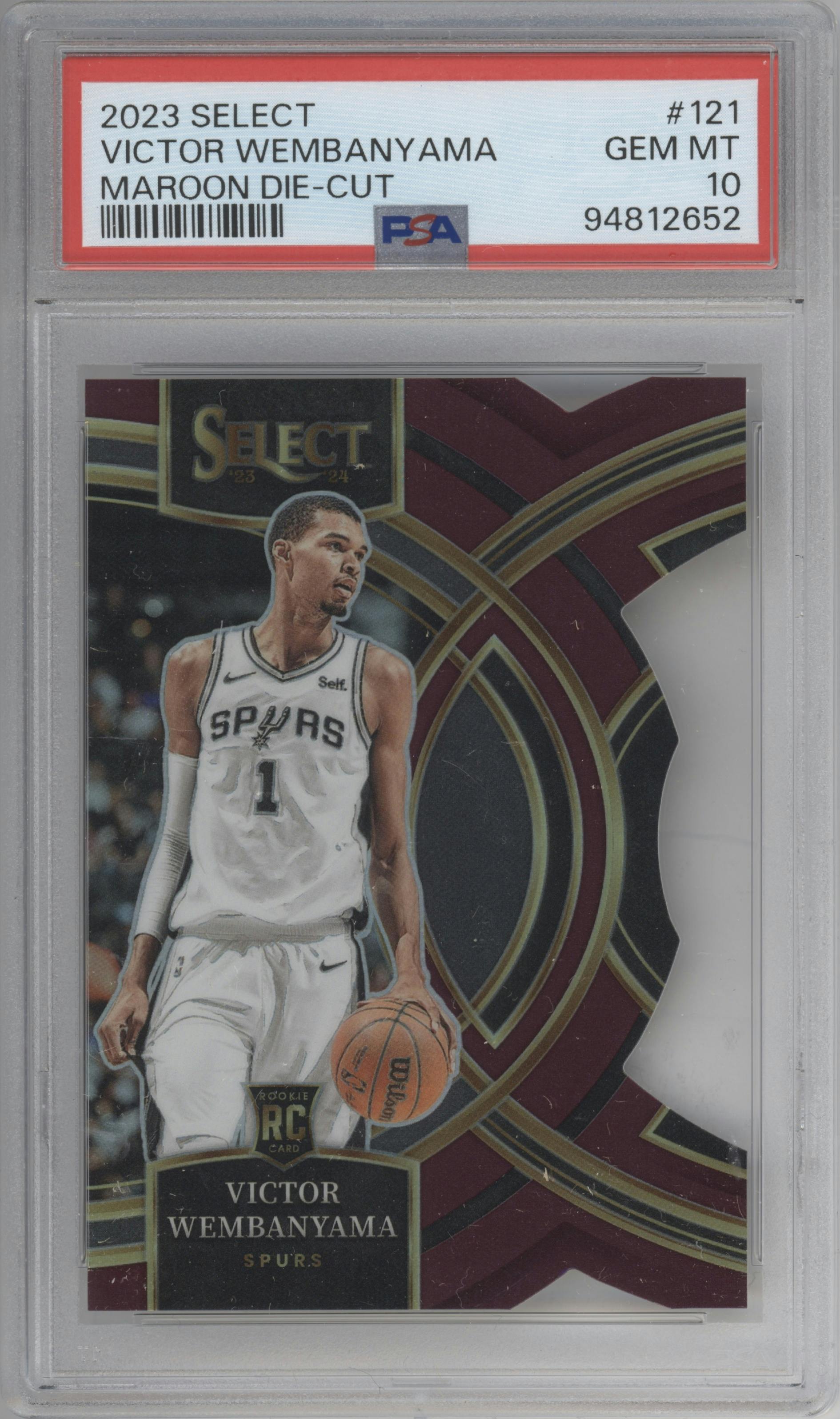 Victor Wembanyama from the 2023-24 Panini Select  set featuring a Die-Cut Maroon Prizm parallel graded by PSA and given an overall grade of 10.