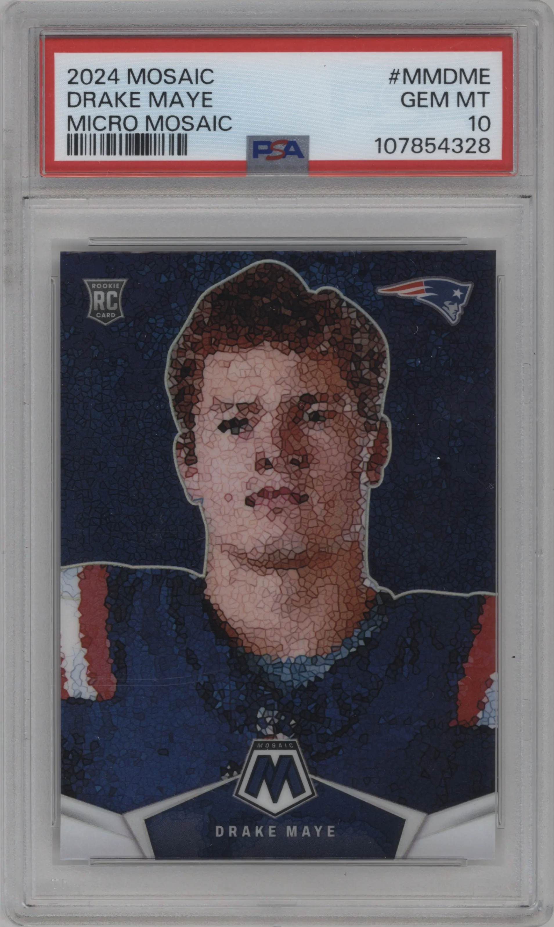 Drake Maye from the 2024 Panini Mosaic set graded by PSA and given an overall grade of 10.