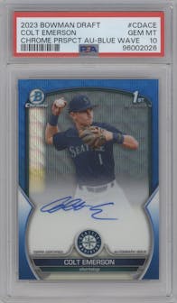 Colt Emerson from the 2023 Bowman Draft set featuring a Blue Wave Refractor parallel graded by PSA and given an overall grade of 10.