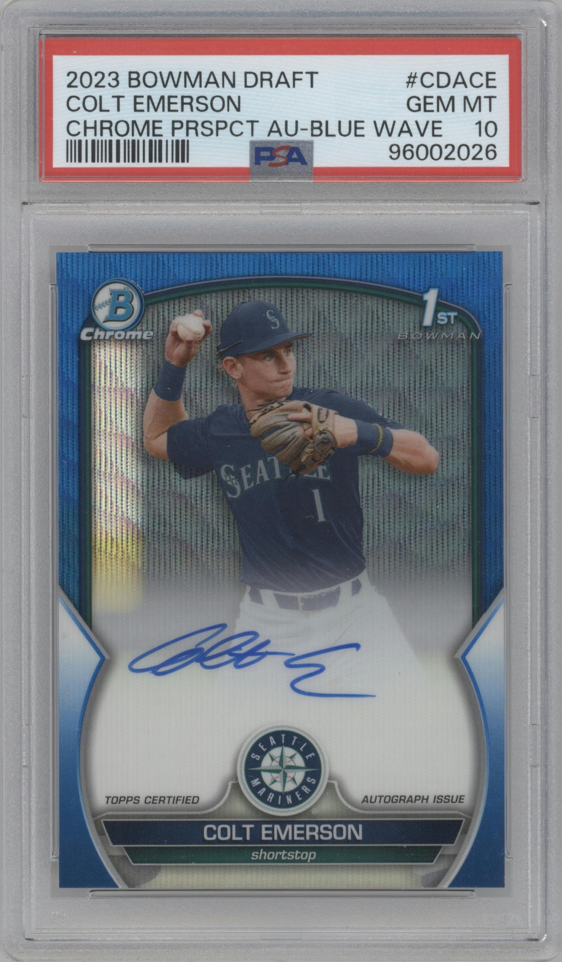 Colt Emerson from the 2023 Bowman Draft set featuring a Blue Wave Refractor parallel graded by PSA and given an overall grade of 10.