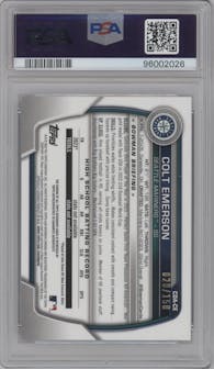 Colt Emerson from the 2023 Bowman Draft set featuring a Blue Wave Refractor parallel graded by PSA and given an overall grade of 10.